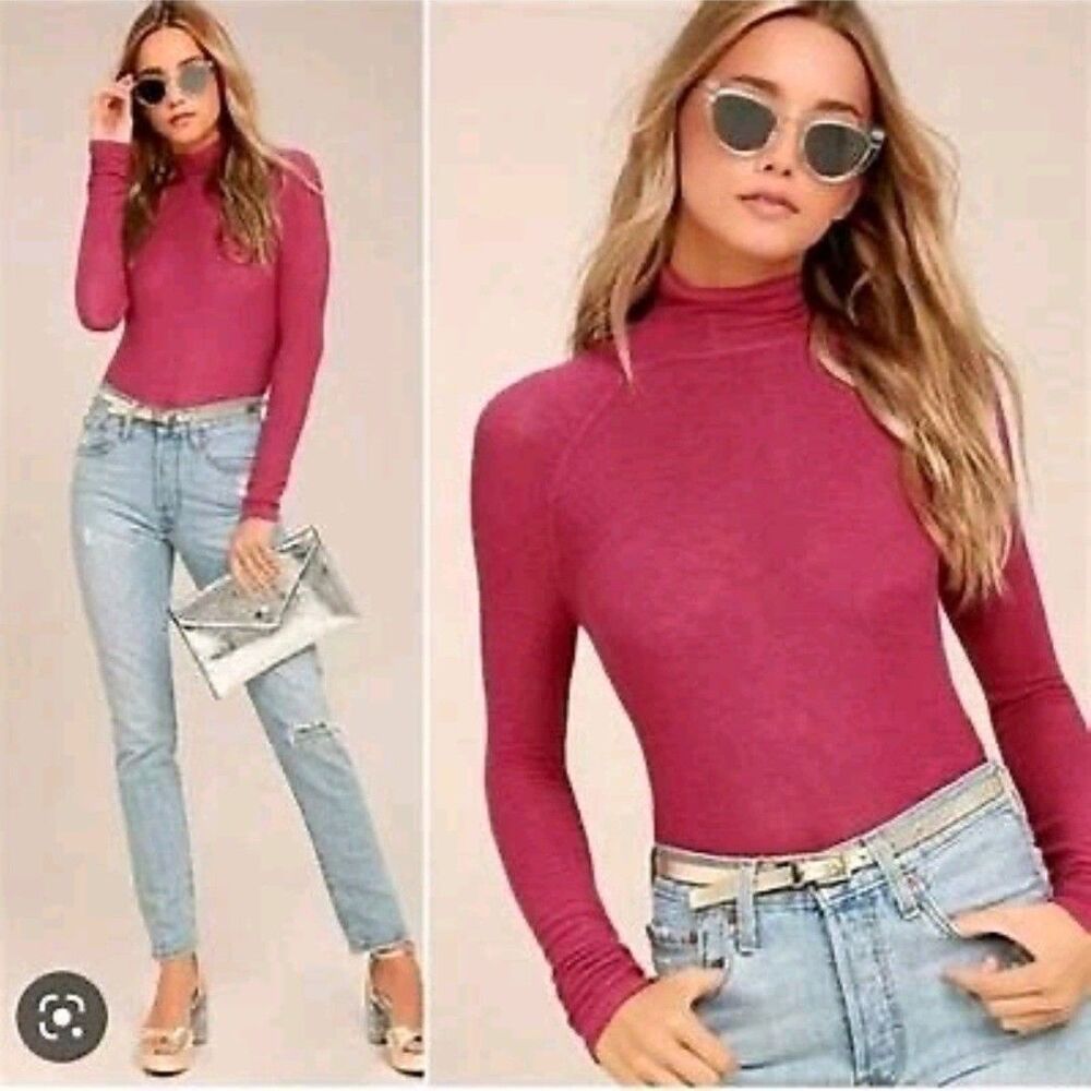 Free People‎ Sangria Red Mockneck Weekend Snuggle Long Sleeve Top Size M Burnout